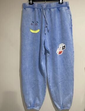 Easel Blue Acid Wash Sweatpants Jogger Women’s Banana Love Dice Baggy Sz Lg
